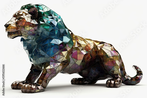 3D model of lion made of stained glass in majestic pose  looking at me  product photo with white background