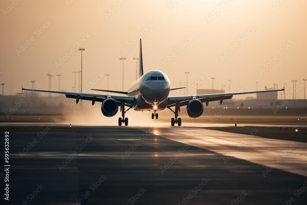 Airplane on the runway in the fog at sunrise. Travel concept Generative ai Airplane on the runway in the fog at sunrise. Travel concept Generative ai