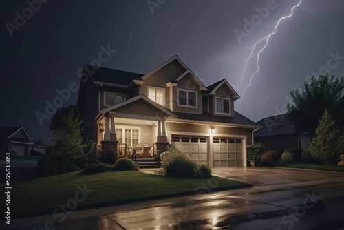 A suburban house stands against the backdrop of a dramatic lightning storm, illuminating the night sky with flashes of electric intensity, evoking a scene of both awe and unease