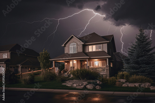 Beneath a turbulent sky, a suburban house witnesses the drama of a lightning storm, where flashes brighten the night, creating an eerie yet mesmerizing display across the neighborhood
