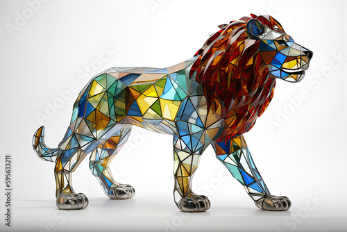 3D model of lion made of stained glass in majestic pose, looking at me, product photo with white background © rufous