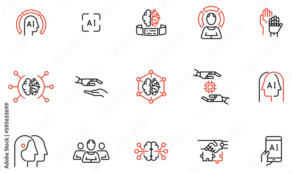Vector Set of Linear Icons Related to Artificial Intelligence and Neural Network. Human Interactive Tech Interaction. Mono Line Pictograms and Infographics Design Elements