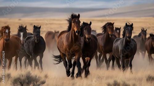 A herd of wild horses galloping cross an open plain