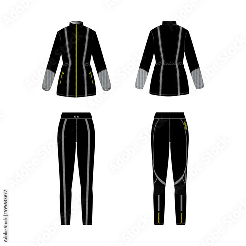 Womens black running set technical CAD mockup, fashion illustration running jacket and pants template, front and back view, darkness reflexes