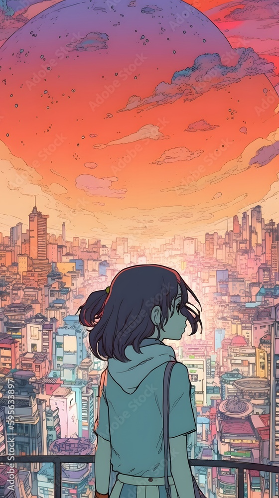 Fototapeta premium Futuristic Anime Girl in an Asian Metropolis
