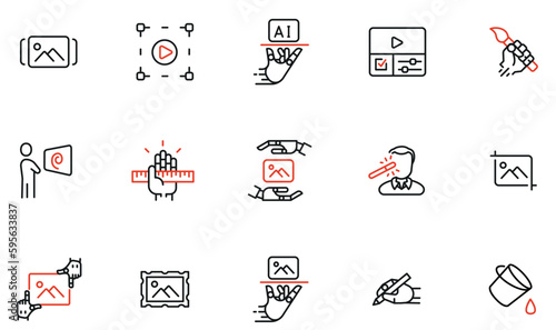 Vector Set of Linear Icons Related to Artificial Intelligence and Neural Network. Image and Video Generation. Mono Line Pictograms and Infographics Design Elements