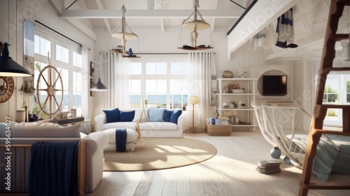 Nautical interior design room with beautiful lightning generative ai photo