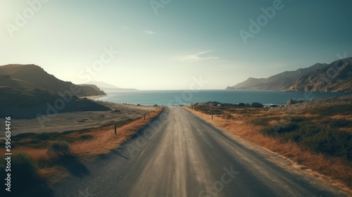 Near endless rural road near a coast  ocean view during sunny weather