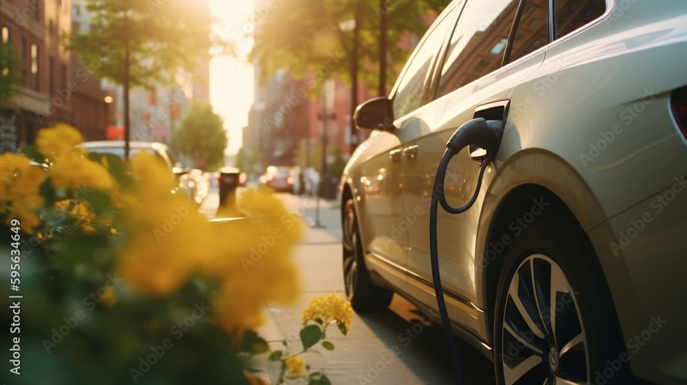 Electrically Hybrid Car in the City of New York charging in the golden hour with beautiful sun AI
