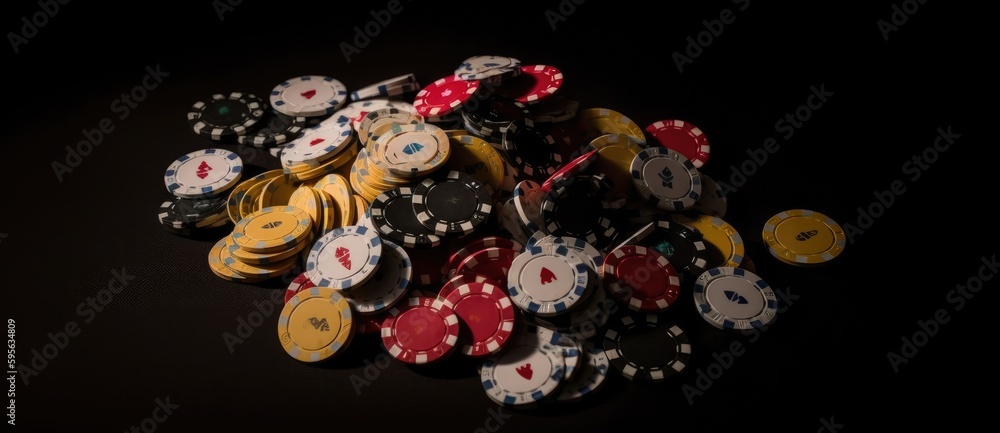 Casino chips on the black background with casino cards. Generative AI