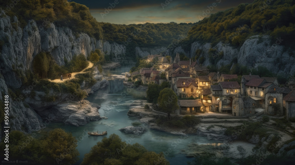 Image of a village in a gorge at night. Generative AI