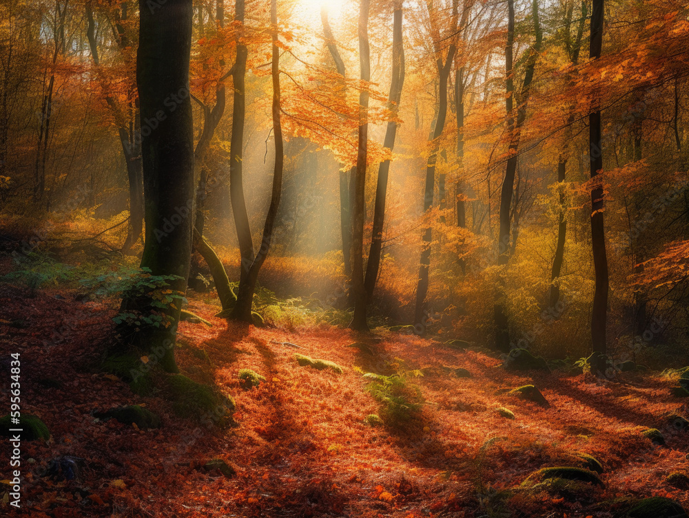 Sun shines through the trees in an autumn forest. Generative AI