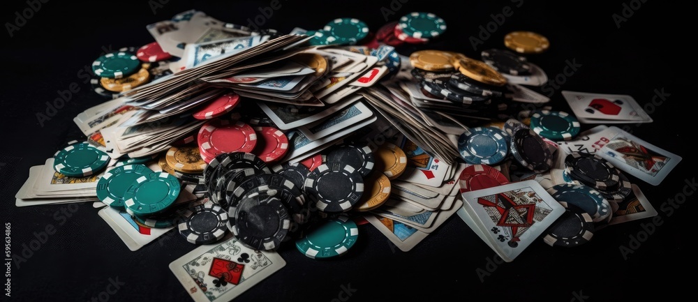 Fototapeta premium Casino chips on the black background with casino cards. Generative AI