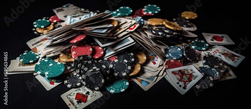 Casino chips on the black background with casino cards. Generative AI