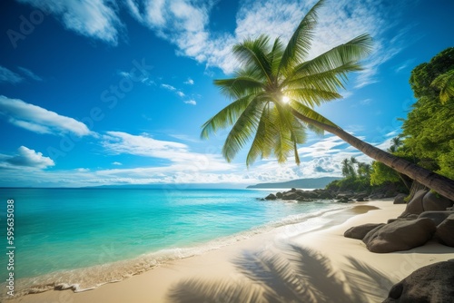 Sunny beach with coconut trees and clear sea