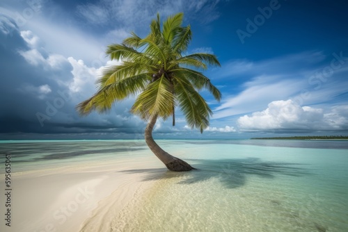 Sandy beach with palm tree in water and clouds