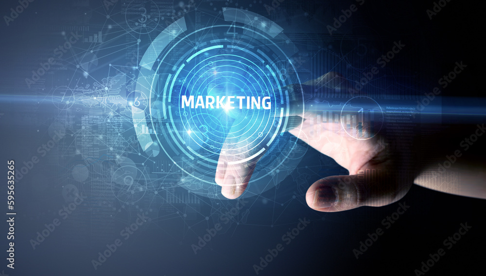 Hand touching business concept button Hand touching business concept button