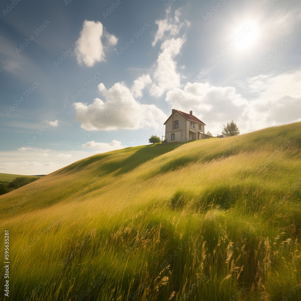 peaceful house situated on a hillside surrounded by hills and grass on a partly cloudy day peaceful house situated on a hillside surrounded by hills and grass on a partly cloudy day