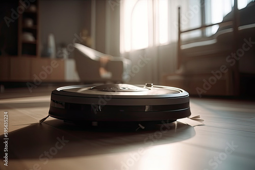 A robotic vacuum cleaner is moving around indoors, cleaning the home on a sunny day