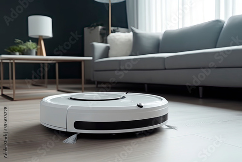 A robotic vacuum cleaner is moving around indoors, cleaning the home on a sunny day