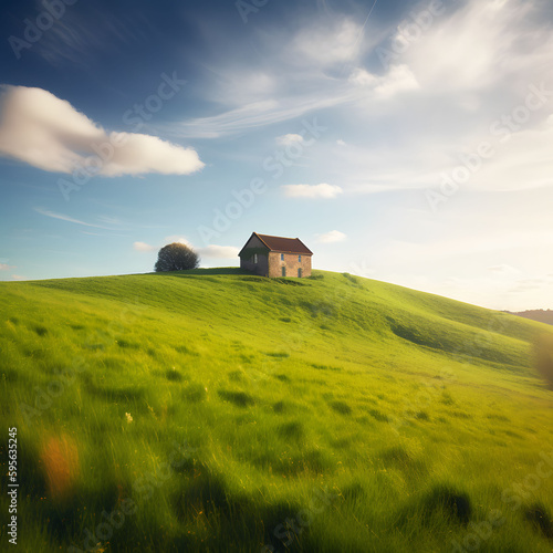 peaceful house situated on a hillside surrounded by hills and grass on a partly cloudy day