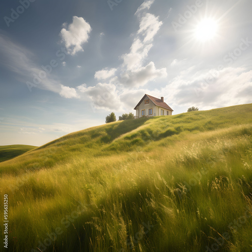 peaceful house situated on a hillside surrounded by hills and grass on a partly cloudy day