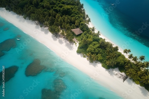 Birds eye view of tropical island with sandy beach