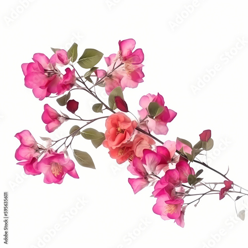 Blooming branches  pink red-purple flowers  and inflorescence of bougainvillea isolated on white background
