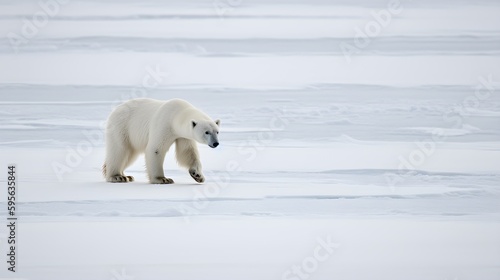 A solitar polar bear roaming in the vast expanse of the arctic