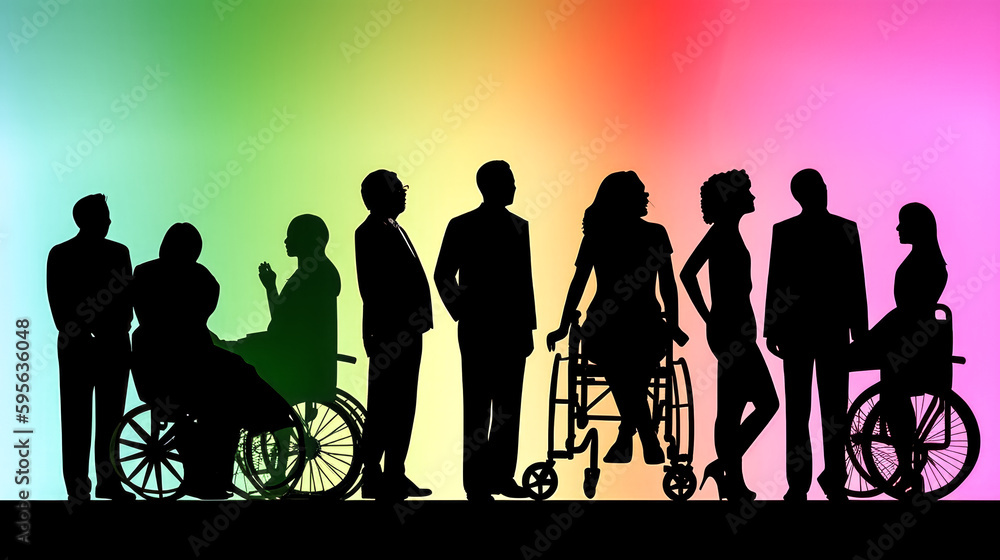 Fototapeta premium The group of silhouettes was depicted in a rainbow and created by a generative AI. - Generative AI \n