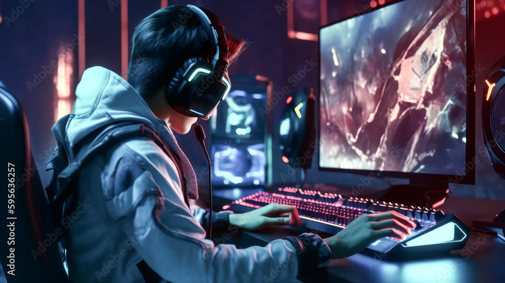 A futuristic professional e-sports gamer was portrayed playing online - generative ai. A futuristic professional e-sports gamer was portrayed playing online - generative ai.