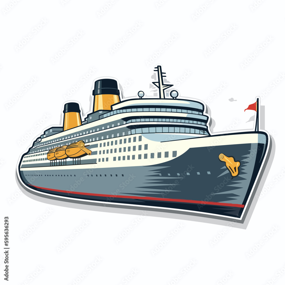 Travelling by large tourist boat. Boat transportation of travellers. Holidays and leisure at sea. Cartoon vector illustration. label, sticker, t-shirt printing