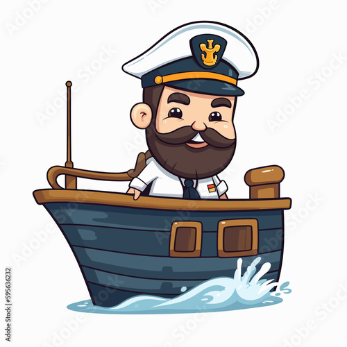 Captain of the transport ship. Shipping of tourists, cars and containers. The man with the beard. Cartoon vector illustration. label, sticker, t-shirt printing