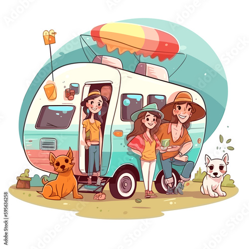 Travel by caravan for adventure. Summer holidays and camping. Family trip. Cartoon vector illustration. label, sticker, t-shirt printing