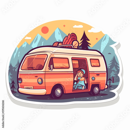 A caravan going on holiday. Summer adventures and camping. Family trip. Cartoon vector illustration. label, sticker, t-shirt printing