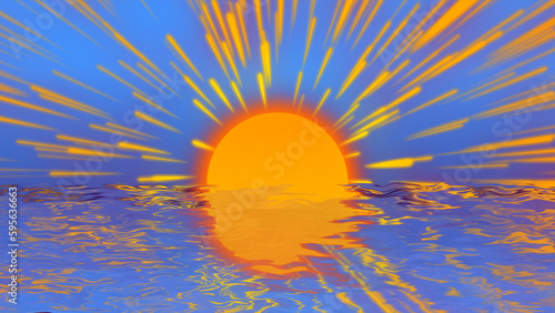 Illustration of a orange sunset on sea resort cartoon style retro photo wallpaper. Vintage imageof orange sun under water reflects on sea waves surface. Holiday, vacation, summer, relax concept 