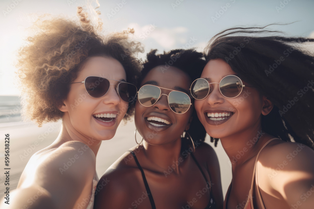 Selfie POV of Three young african american females friends at sunset. Generative AI Selfie POV of Three young african american females friends at sunset. Generative AI
