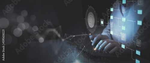 Obraz na płótnie DMS concept.Document Management System setup by IT consultant with laptop computer are searching managing information and corporate files.Business processing,Software business. w salonie