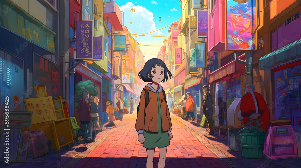 Obraz premium Futuristic Anime Girl in an Asian Metropolis