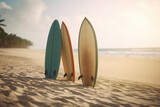 Three surfboards standing on the sand at the beach on sunny summer day. Generative AI