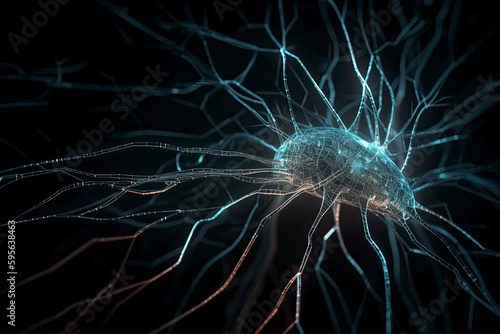 Artificial Intelligence concept - 3d rendered image. Dark background. Glowing abstract digital neuron connections. Hologram human brain view. Innovative process technology. Plexus line