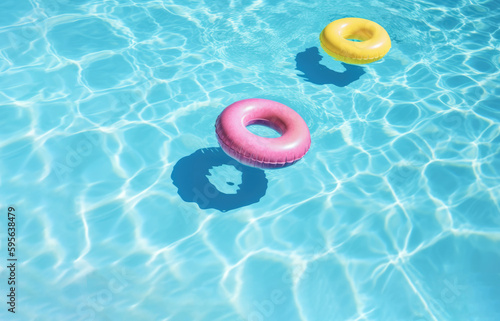 Summer fun and relaxation concept. Pink and yellow ring floats over bright blue water in pool. Generative AI
