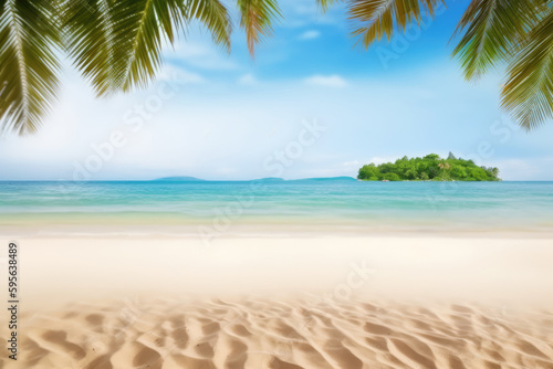Peace during summer. Peaciful paradise beach with sand and blue water with palm trees and an island in the background. Generative AI © Carlos