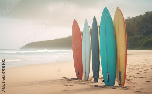 Five surfboards standing on the sand at the beach on sunny summer day. Generative AI