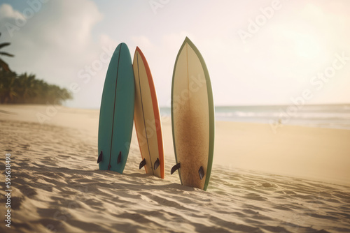 Three surfboards standing on the sand at the beach on sunny summer day. Generative AI © Carlos