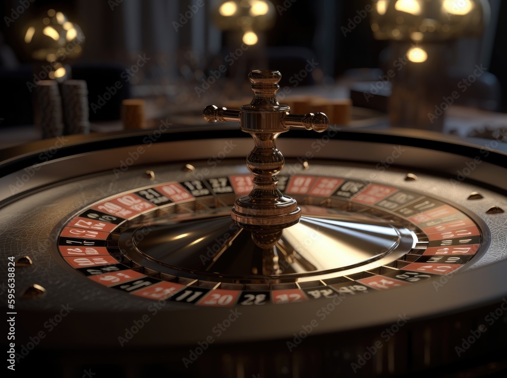 Roulette wheel, in the middle of the table on the casino table. Generative AI Roulette wheel, in the middle of the table on the casino table. Generative AI