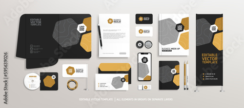 Brand Identity Mock-Up set with black and brown abstract design concept on Stationery. Business  stationary mockup template of office items, vertical promotional banner, business brochure cover, etc