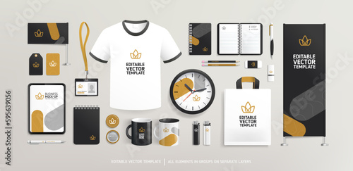 Promotional souvenirs with Brand Identity design with logo concept on stationery. Stationery mock-up template. Corporate style mock-up set. Promotion AD vertical banner. Editable vector template 