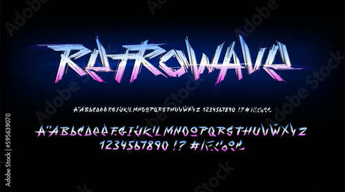 Retrowave - Retro Futuristic type font in 80s - 90s style with grunge brush alphabet set. Hand drawn chrome metal lettering set. Vintage Cyberpunk type font. Vector set for print tee and poster design
