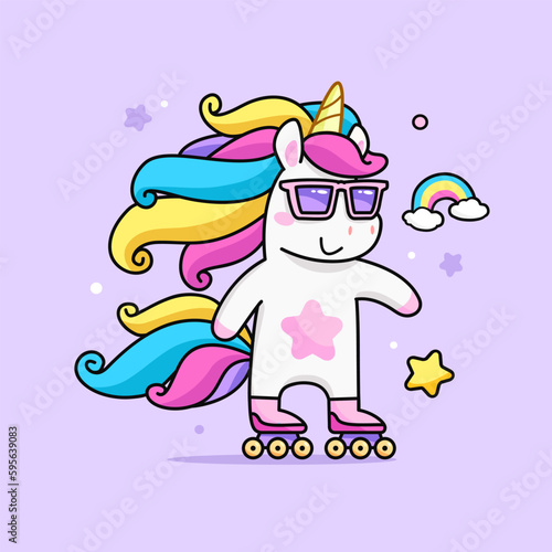 Cool Pony Unicorn ride on roller skates card template. Fairy Pony Unicorn with neon rainbow hair and roller skate. Funny Unicorn Pony for kids print design. Isolated vector illustrator
